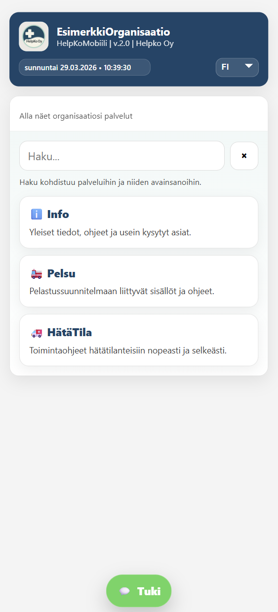 HelpKoMobiili etusivu organisaation toimintaohjeille ja perehdytykselle