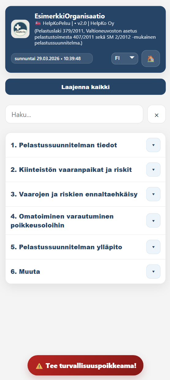 HelpKoMobiili Pelsu-näkymä turvallisuusohjeille ja toimintaohjeille